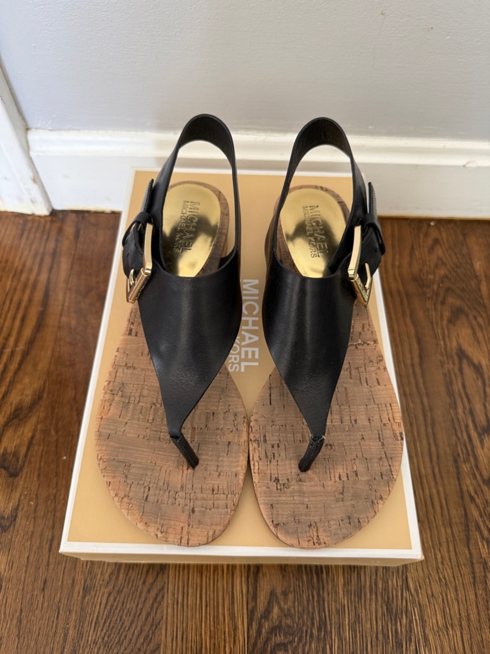 Michael Kors Black Leather Cork Thong Sandals with Gold Buckle